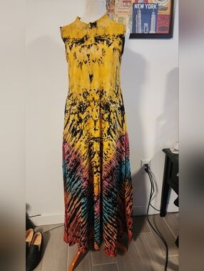 Yellow Tie-Dye Maxi Dress with Multicolor Accents